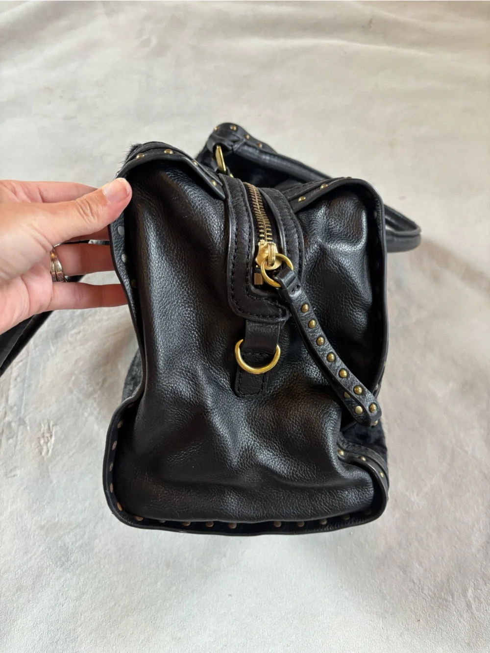 orYANY Brenda Black Calf Hair Leather Studded Satchel Bag